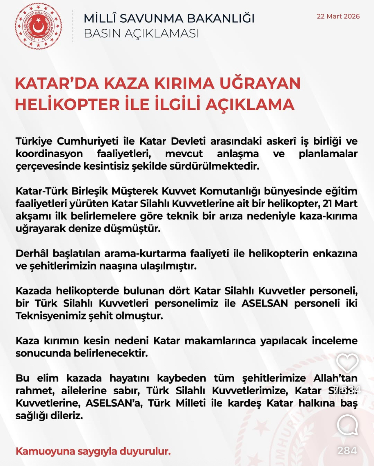 Katar'da Askeri Helikopter Kazası: 1 Askerimiz ve 2 ASELSAN Personelimiz Şehit Oldu