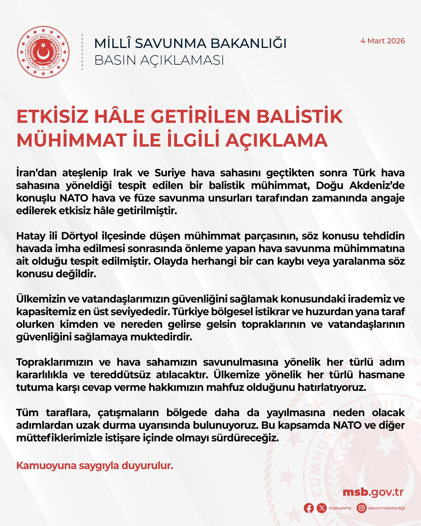 Türk Hava Sahasına Yönelik Balistik Tehdide Doğu Akdeniz'de NATO Kalkanı: İmha Edilen Mühimmatın Parçaları Hatay'a Düştü
