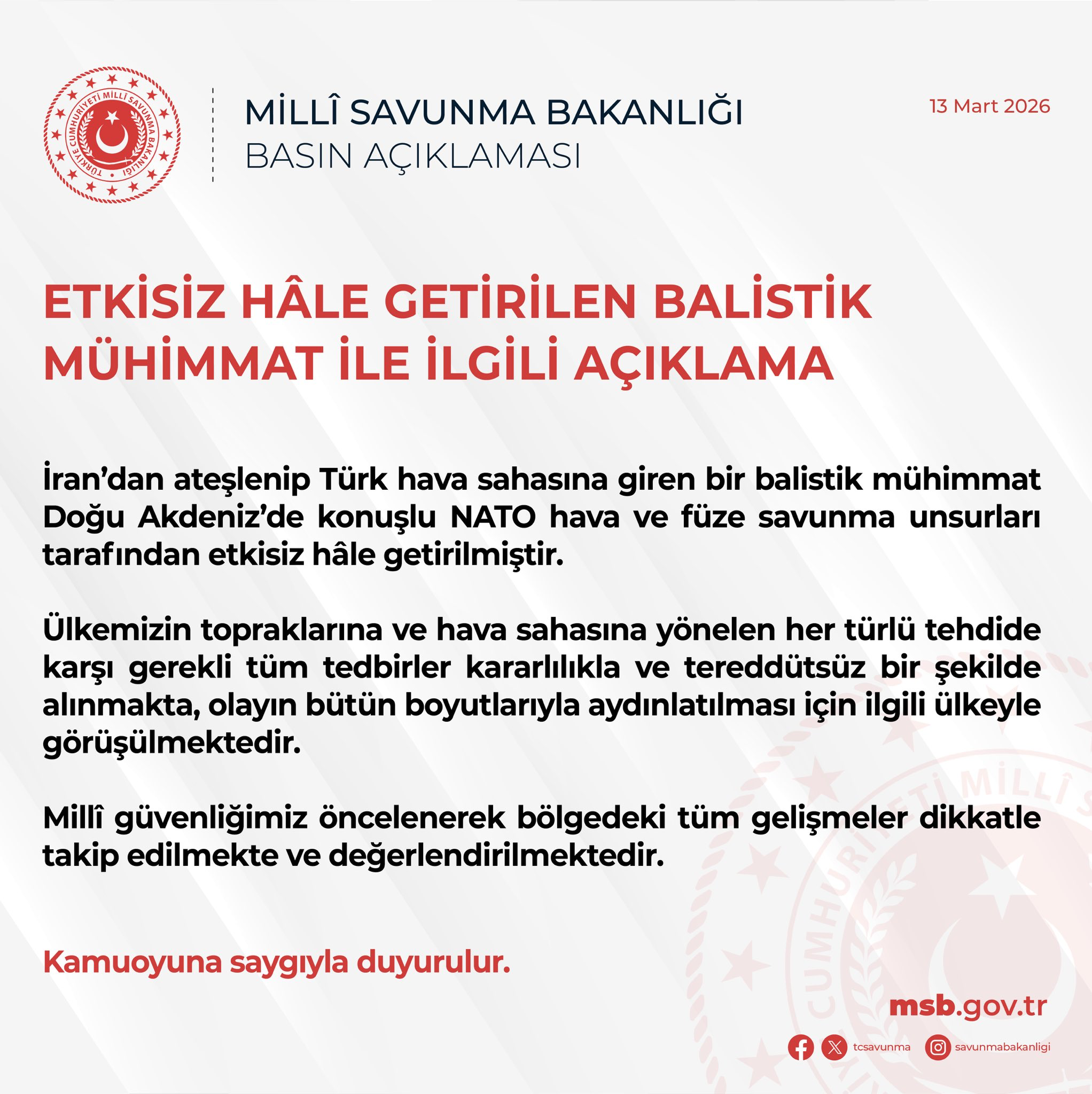 İran’dan Ateşlenen Balistik Mühimmat Türk Hava Sahasında İmha Edildi